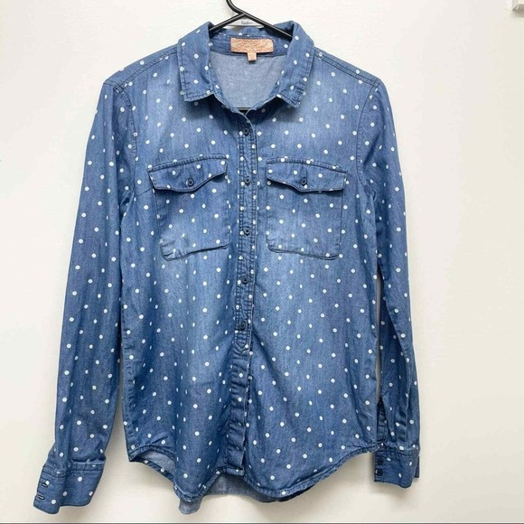 Free Heart Denim Shirt Blue White Polka Dot Long Sleeve Button Down Casual - Picture 2 of 5